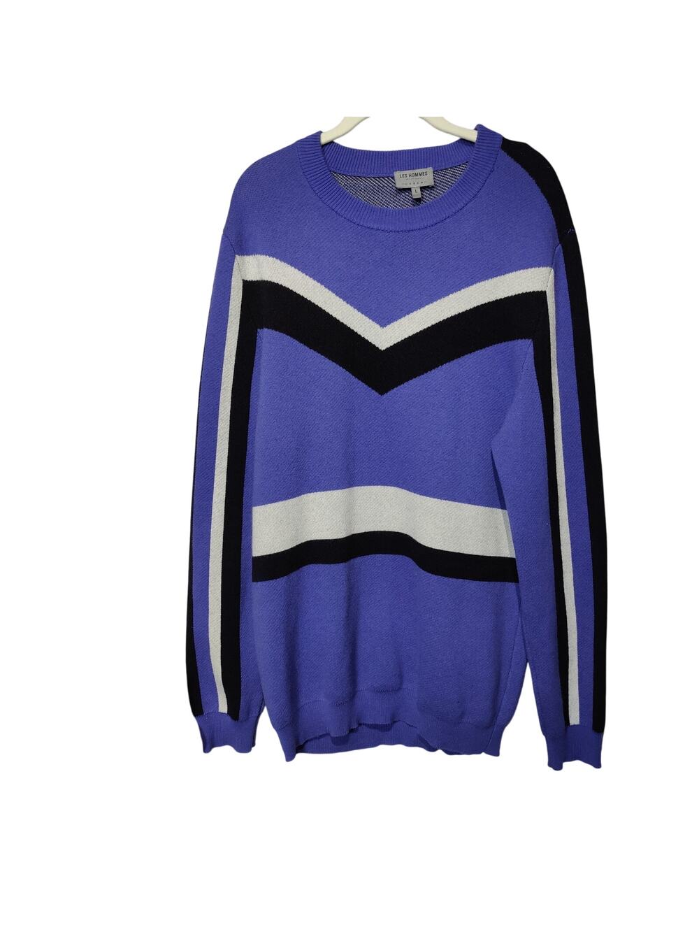 Les Hommes Men's Sz L Blue Retro Ski Stripe Pullover Sweater Crewneck